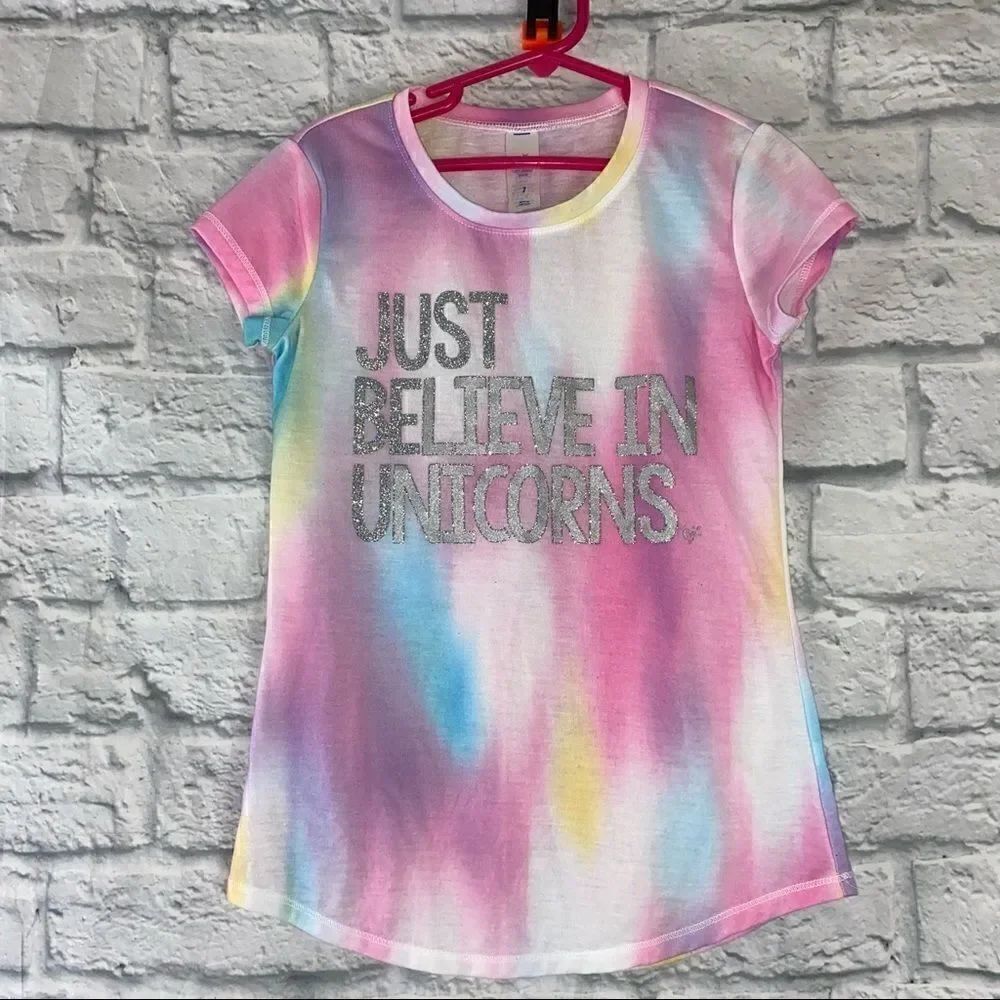 Justice pastel colored just believe in unicorns short sleeve top sz 7 girls